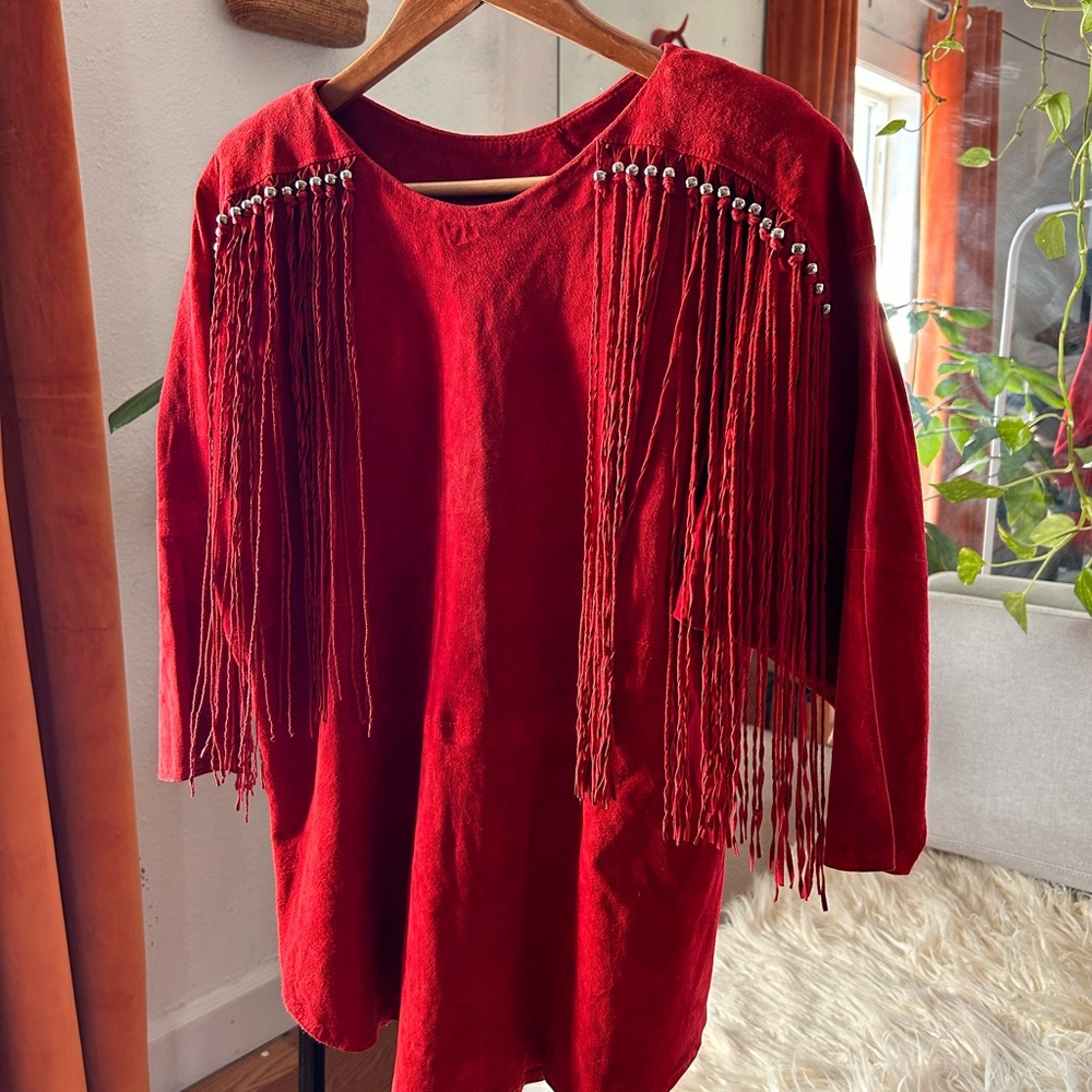 Vintage Patricia Wolf Southwest Suede Fringe Blouse Red Medium Women’s
